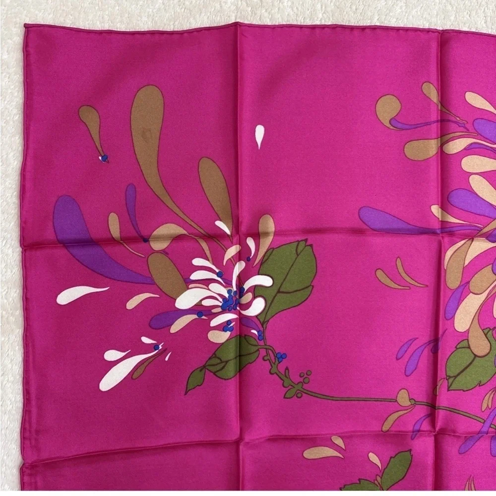 Christian Dior Silk Scarf 30in Fuchsia Pink Floral Botanical Leaves Design